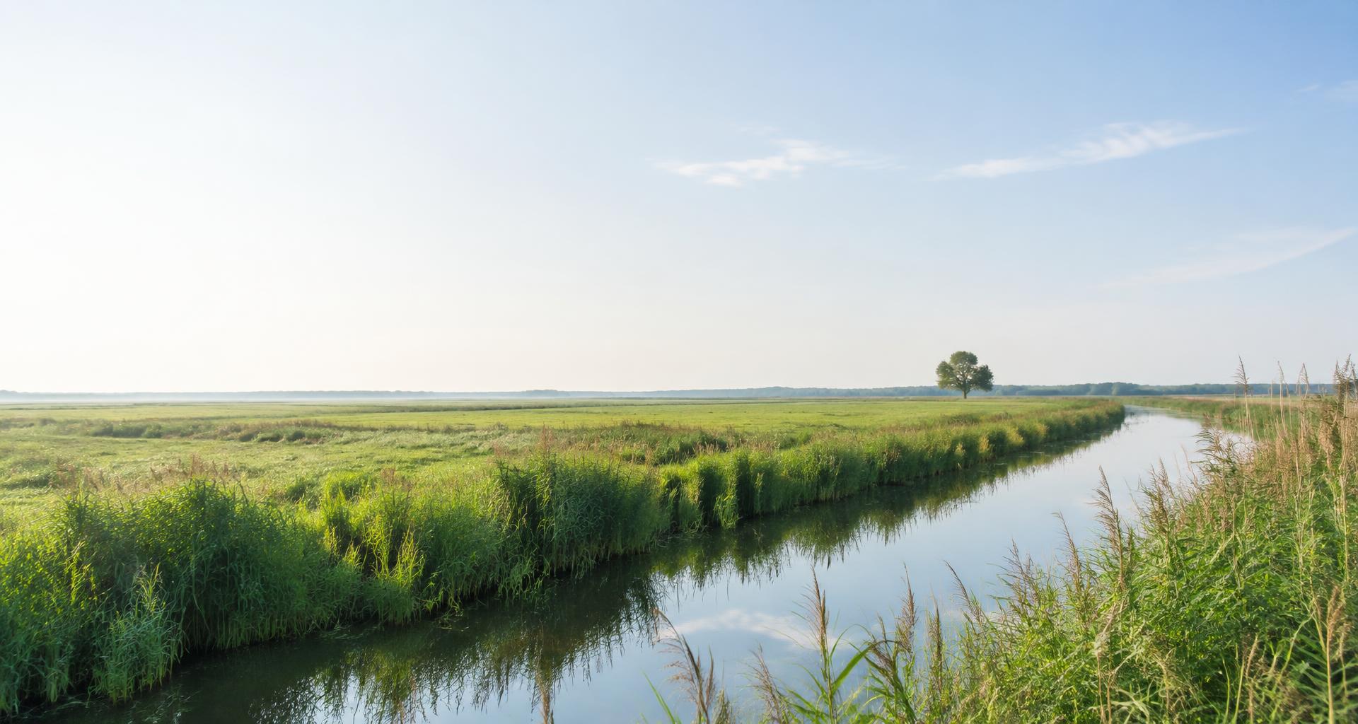 Illustrative Marschlandschaft mit Wasserlauf und weitem Horizont